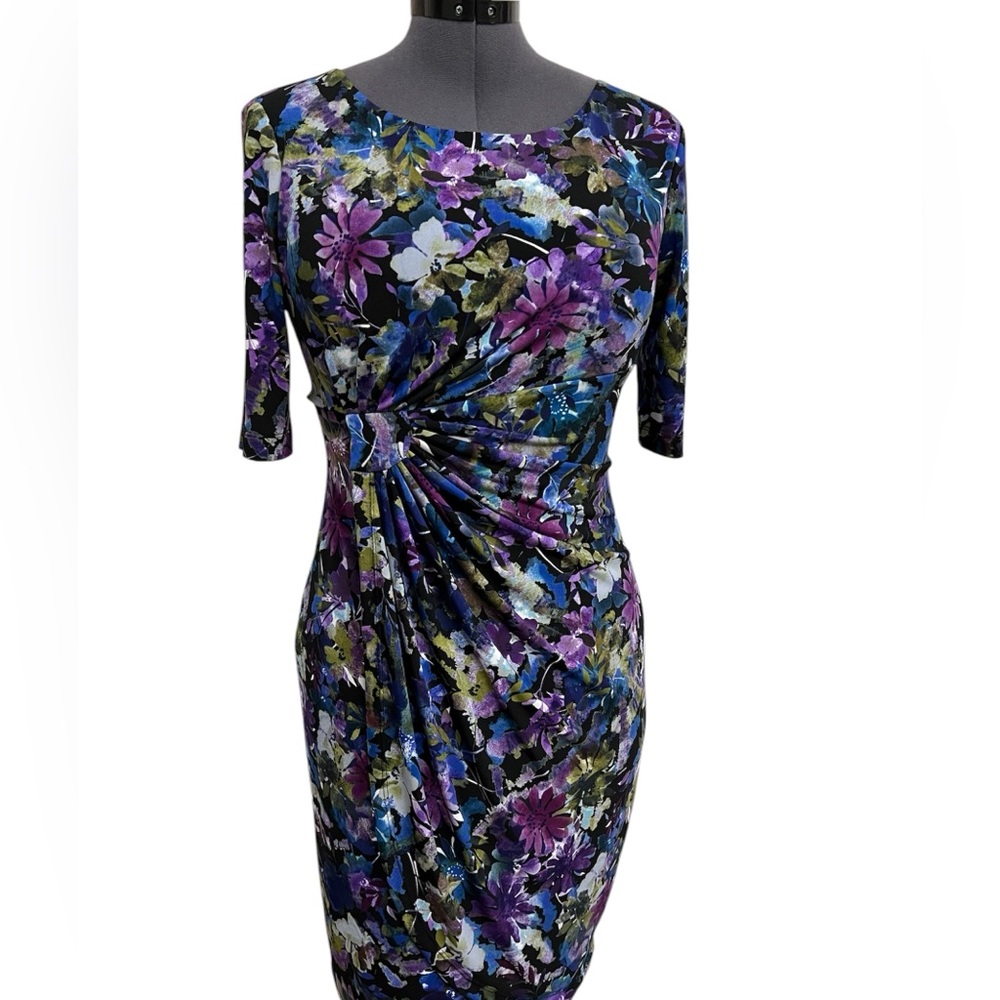 Connected Apparel Purple and Blue Ruched Sheath Dress Bateau Neckline